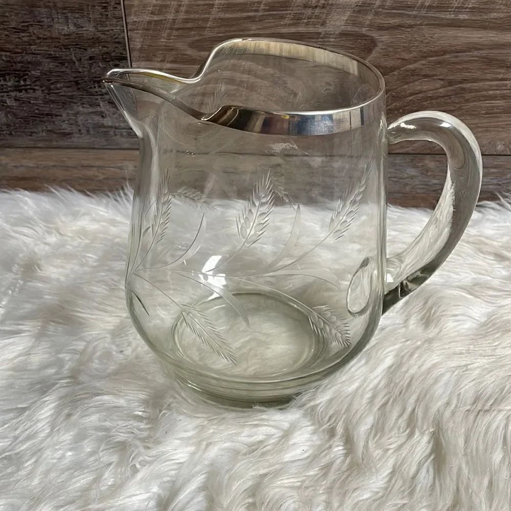Etched Glass Pitcher with Silver Rim, Glass Handle , Large